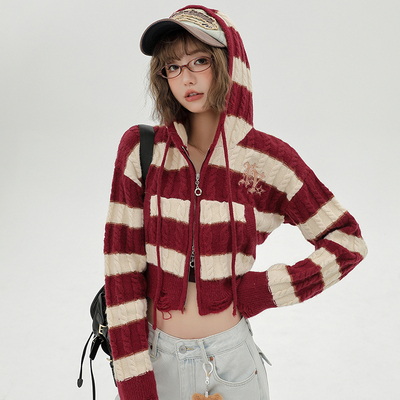 少女光环连帽美式宽松针织毛衣