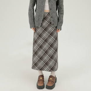 Girlyhalo韩式 撞色格纹显瘦直筒长裙 毛呢格纹a字半身裙女秋冬新款