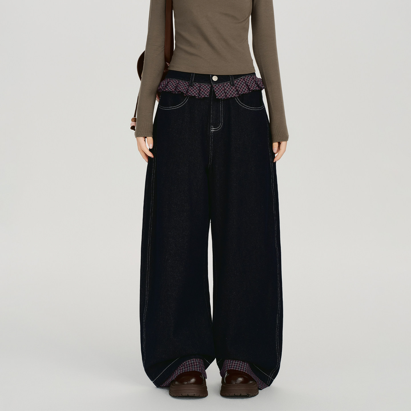 Girlyhalo美式复古格纹花边拼接牛仔弯刀裤女秋新款宽松阔腿长裤,女装/女士精品,牛仔裤,淘宝优惠券,粉丝福利购,淘宝优惠卷