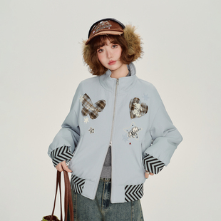 Girlyhalo美式 保暖宽松夹克外套 复古设计感刺绣立领棉服女冬新款