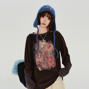 新款 t恤女秋季 宽松休闲上衣 复古印花条纹假两件长袖 Girlyhalo美式