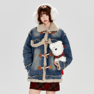 Girlyhalo美式复古毛绒拼接牛仔外套女秋冬新款宽松加厚水洗棉服