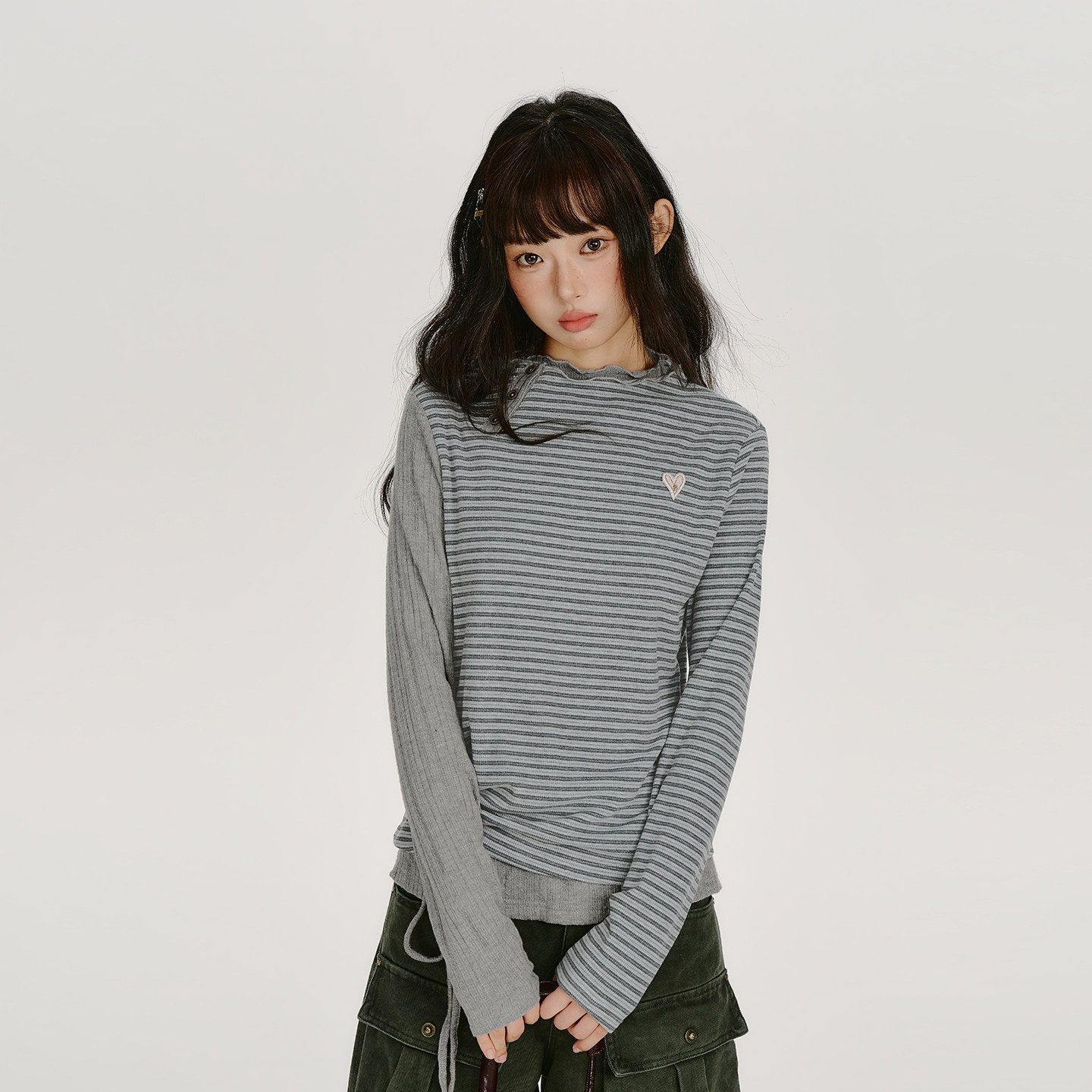 Girlyhalo美式复古假两件条纹花边领长袖t恤女秋新款修身显瘦上衣图片