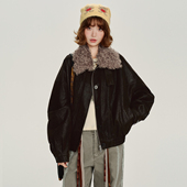 Girlyhalo美式 设计感上衣 复古可拆毛领肌理感皮衣外套女秋冬新款