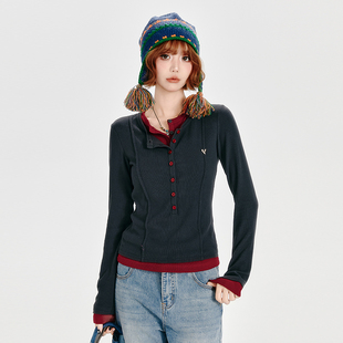 拼色修身 Girlyhalo美式 女春秋新款 长袖 显瘦上衣 复古假两件针织衫