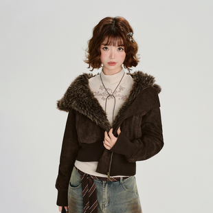 Girlyhalo美式复古辣妹翻领夹克外套女冬季新款短款加绒修身棉服