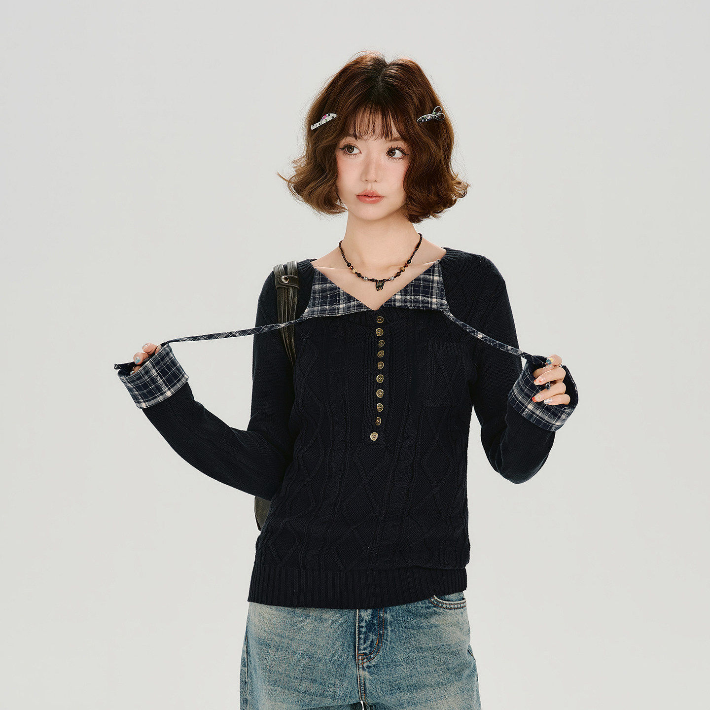 Girlyhalo美式复古格纹翻领针织麻花毛衣女秋冬款单排扣修身上衣