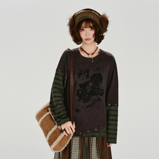 设计感宽松上衣 t恤女秋新款 Girlyhalo美式 复古印花假两件条纹长袖