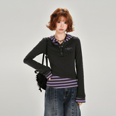 甜辣撞色修身 t恤女春秋新款 上衣 复古假两件连帽长袖 Girlyhalo美式