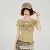 交叉设计感修身 Girlyhalo美式 新款 t恤女夏季 上衣 复古辣妹印花短袖