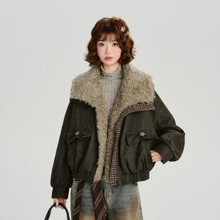 Girlyhalo美式复古翻领撞色拼接设计感夹克外套女冬新款加厚棉服