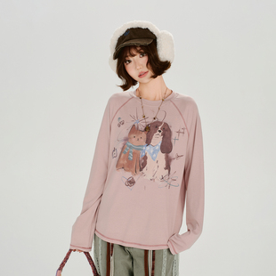 新款 t恤女秋季 设计感宽松休闲上衣 复古印花插肩长袖 Girlyhalo美式