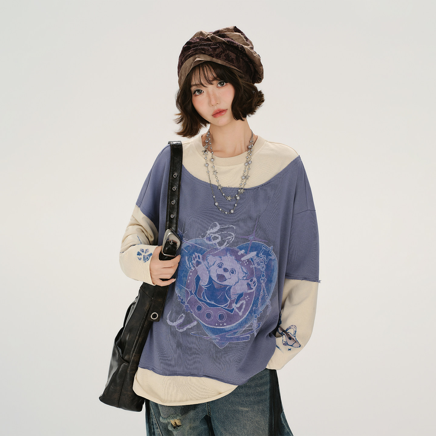 Girlyhalo美式复古印花假两件长袖卫衣女秋季新款设计感宽松上衣