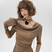 一字肩长袖 t恤女春季 新款 Girlyhalo美式 设计感小众修身 显瘦上衣