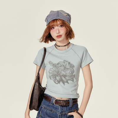 Girlyhalo美式复古插肩圆领短袖t恤女夏季新款短款修身显瘦上衣