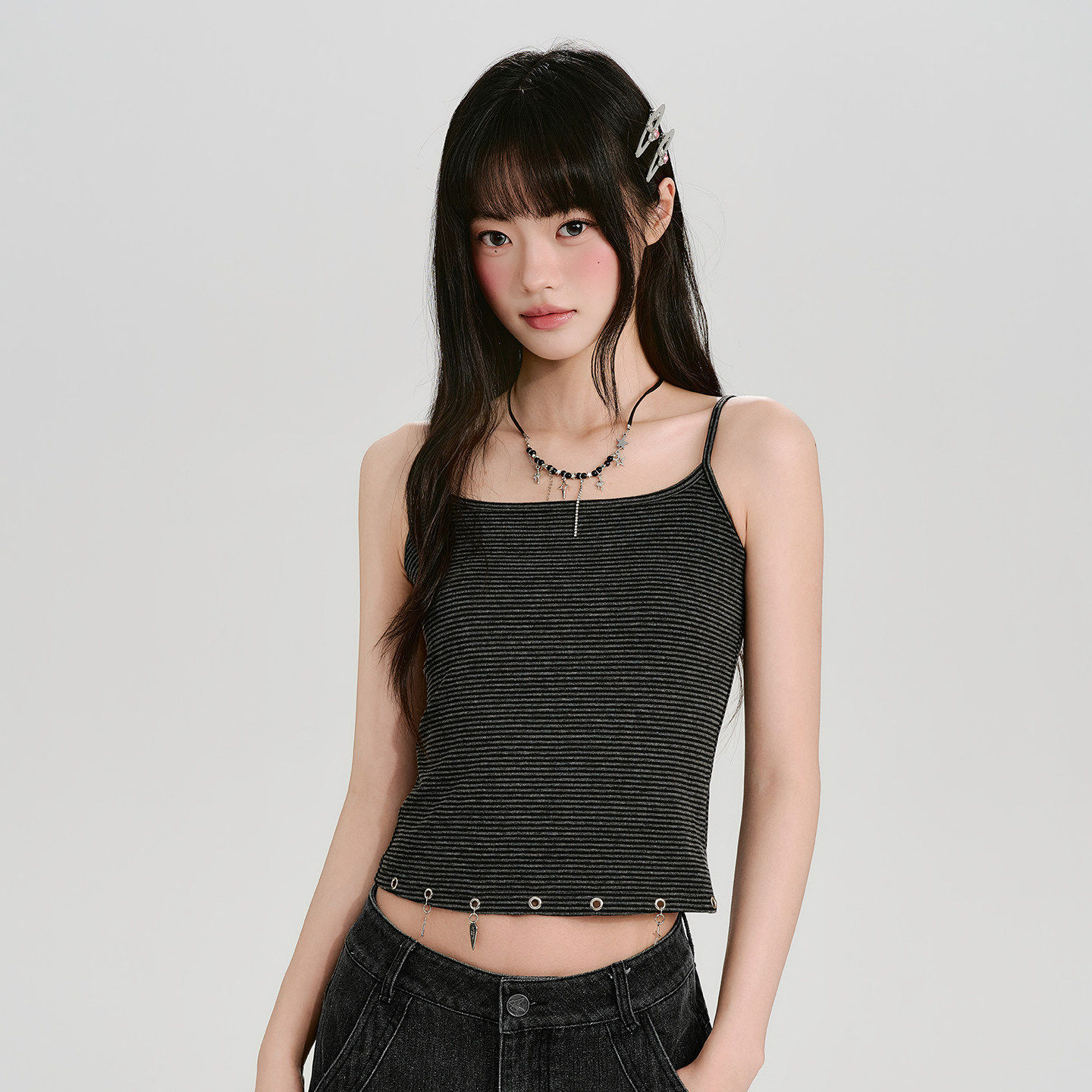 Girlyhalo美式复古条纹吊带背心女夏季新款下摆吊坠短款修身上衣