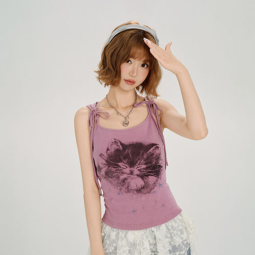 Girlyhalo美式复古辣妹印花吊带背心女夏新款设计感露背无袖上衣