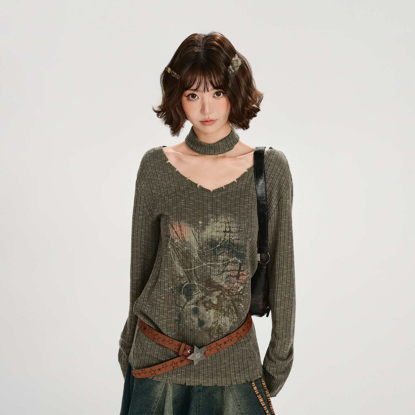 Girlyhalo美式复古辣妹散口印花长袖t恤女秋季新款宽松显瘦上衣