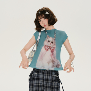 甜酷修身 Girlyhalo美式 新款 t恤女夏季 上衣 复古辣妹印花褶皱短袖