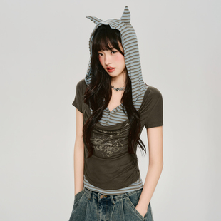Girlyhalo美式复古假两件连帽条纹短袖t恤女夏季新款修身显瘦上衣