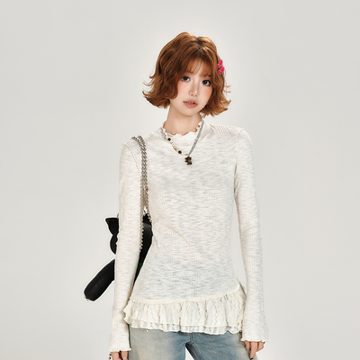 Girlyhalo复古蕾丝拼接圆领长袖t恤女春秋新款斜下摆修身显瘦上衣