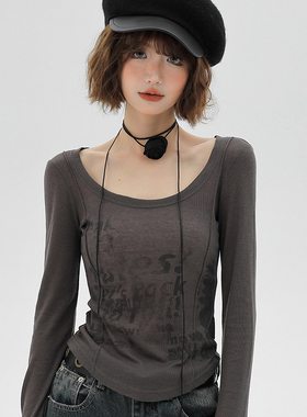 Girlyhalo美式复古长袖t恤女2024春季新款薄辣妹拼接修身显瘦上衣