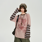 Girlyhalo美式 宽松显瘦上衣 新款 复古设计感假两件长袖 t恤女秋季