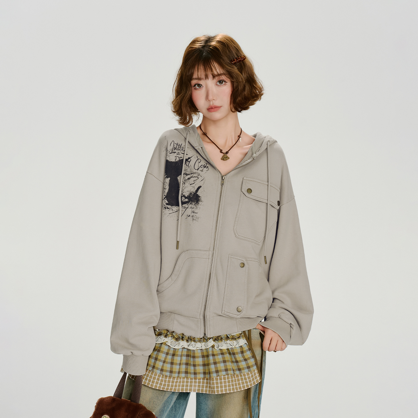 Girlyhalo美式复古印花重工设计感连帽卫衣外套女秋新款宽松上衣