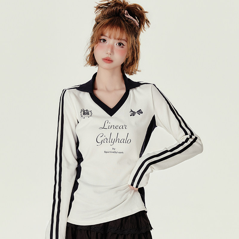 Girlyhalo美式辣妹运动风V领长袖t恤女秋季新款修身收腰显瘦上衣