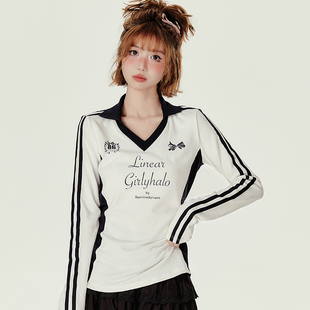 修身 Girlyhalo美式 新款 t恤女秋季 收腰显瘦上衣 辣妹运动风V领长袖