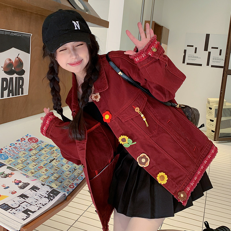 立体花朵红色牛仔外套女春装2025年新款韩版高级感学院风夹克上衣,女装短外套,2D080