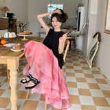 夏日氛围感穿搭无袖连衣裙女2025新款不规则设计感拼接鱼尾长裙子，女装连衣裙，浙宝123A