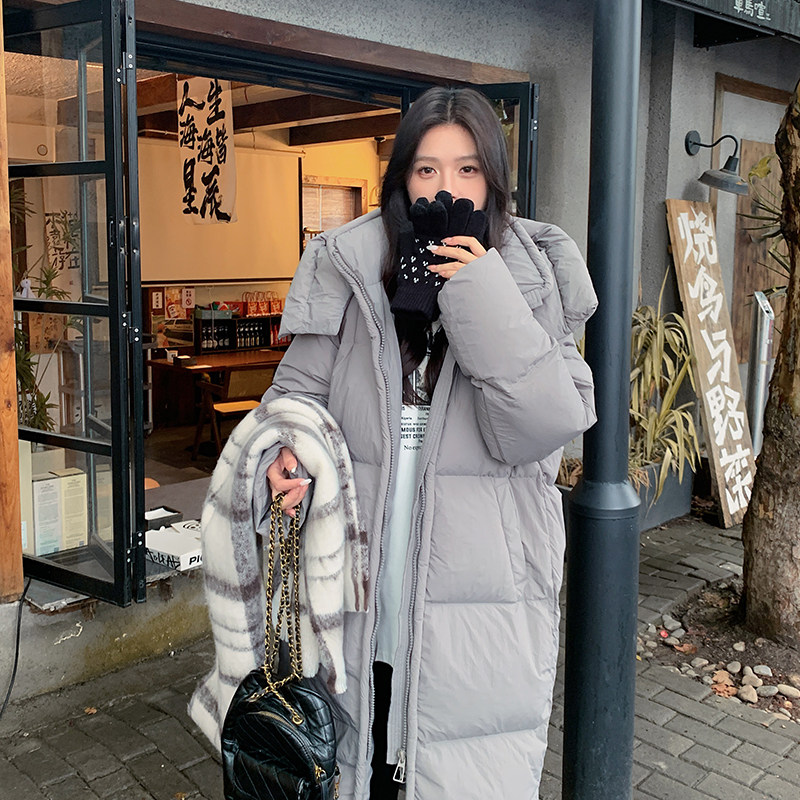 休闲灰色连帽中长款羽绒服女冬超火好看高级感白鸭绒加厚保暖外套,女装羽绒服,浙宝123A