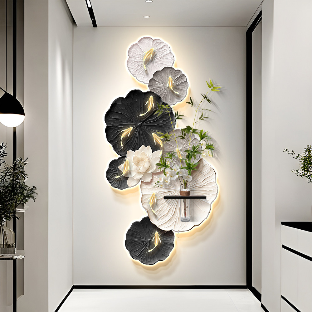 水培绿植玄关装饰画九鱼图轻奢走廊过道挂画中古风入户对门壁灯画