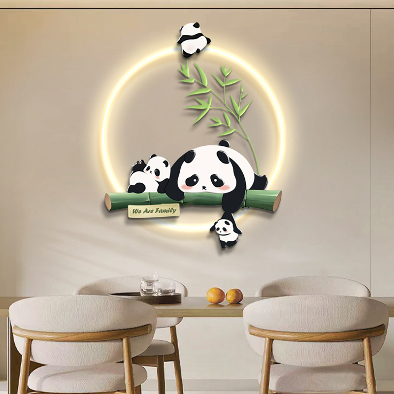 奶油风餐厅装饰画壁灯光画熊猫立体饭厅挂画入户玄关客厅卧室壁画图片