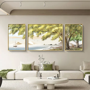 欧式 客厅装 饰画三联挂画招财树沙发背景墙手绘油画海景原木风壁画