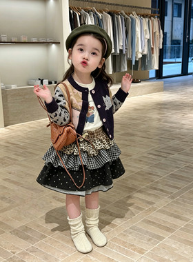 女童拼色毛衣开衫套装豹纹格子半身裙儿童韩系复古卡通针织衫秋装