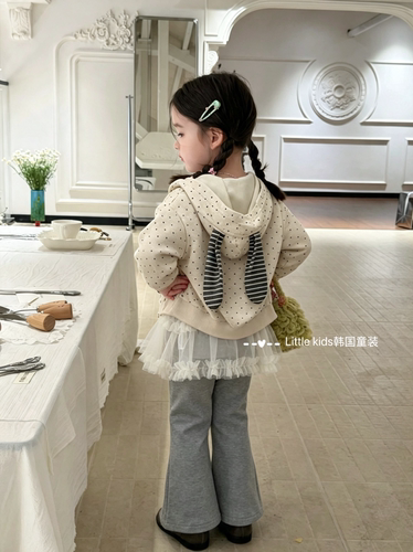 女童秋季连帽卫衣外套2026女孩韩系喇叭裤女宝秋装波点兔耳朵卫衣