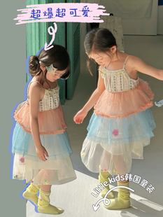 多巴胺公主裙女童连衣裙2026儿童拼色绝美网红吊带裙 ins风网纱裙