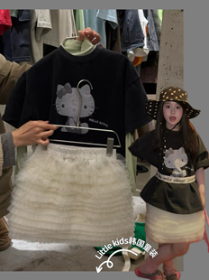 女童kt猫短袖T恤套装春装2026儿童猫咪t恤上衣tutu蛋糕网纱半身裙