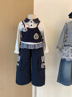 儿童兔子警官套装春夏装2026新韩国女童假两件纯棉长袖卫衣花边裤