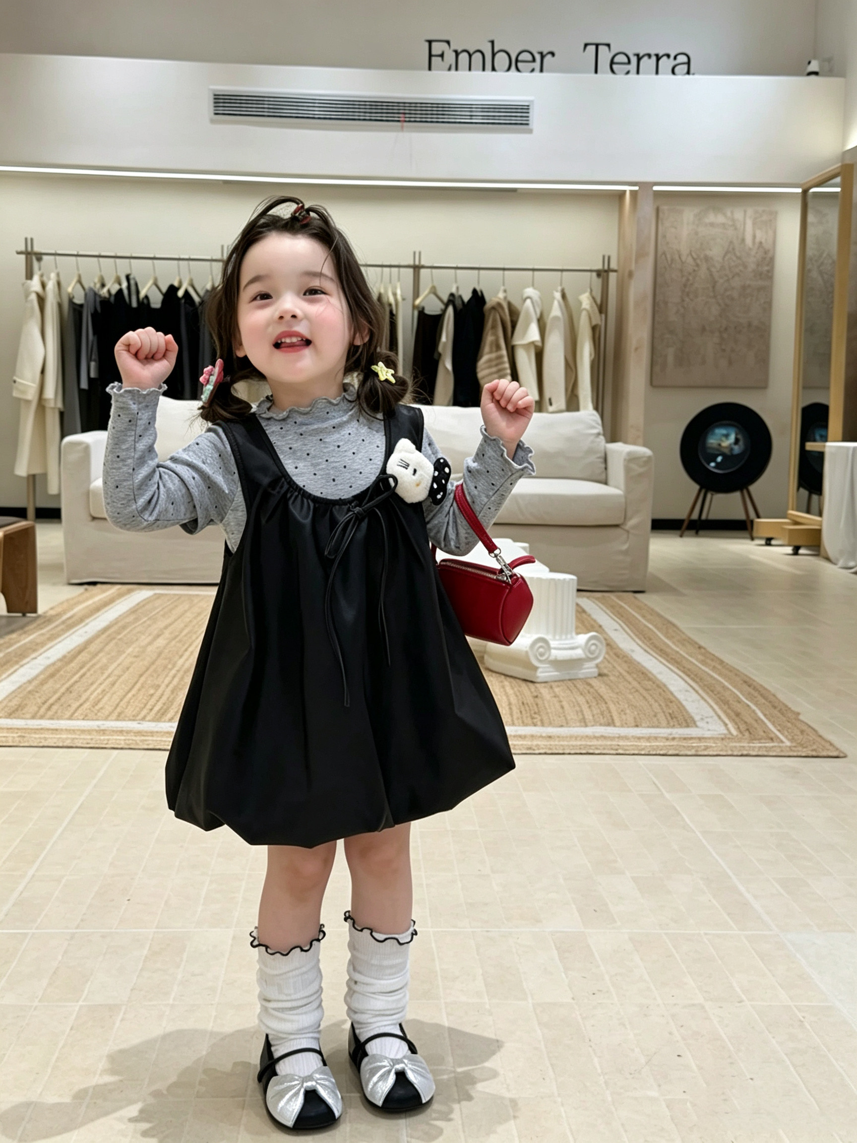 女童PU皮背心裙套装秋装2026韩系女宝宝卡通黑色皮裙吊带裙连衣裙