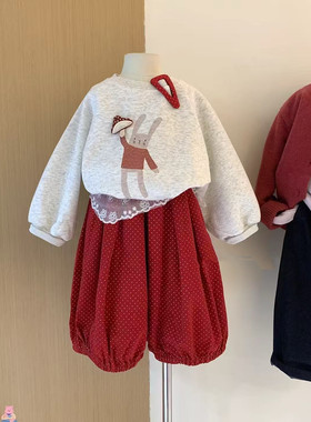 女童兔子卫衣秋装2026女宝宝可爱蘑菇套头圆领上衣波点裤休闲套装