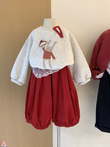 女童兔子卫衣秋装2025女宝宝可爱蘑菇套头圆领上衣波点裤休闲套装
