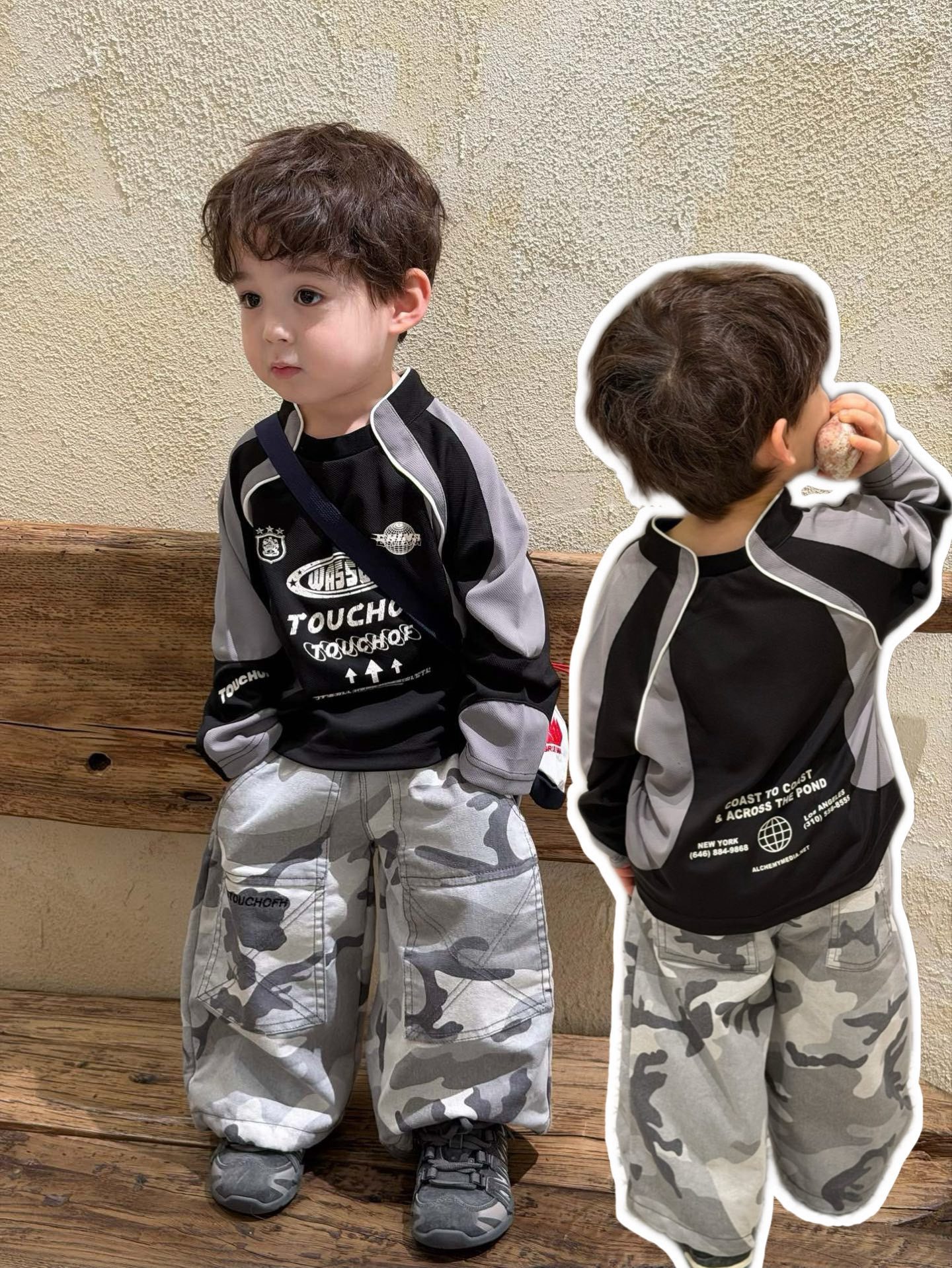 男童卫衣套装春秋2026儿童洋气时髦拼色长袖T恤衫+迷彩裤运动套装
