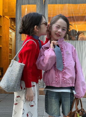儿童甜美牛仔外套春秋装2026女童芭比粉机车服夹克木耳边风衣外套