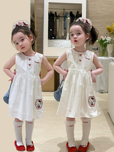 女童kt猫棉布裙夏装 背心裙女孩棉麻连衣裙裙子小白裙 2026儿童无袖