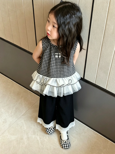 女童夏装格子背心套装2026儿童花边上衣娃娃衫t+花边阔腿裤两件套