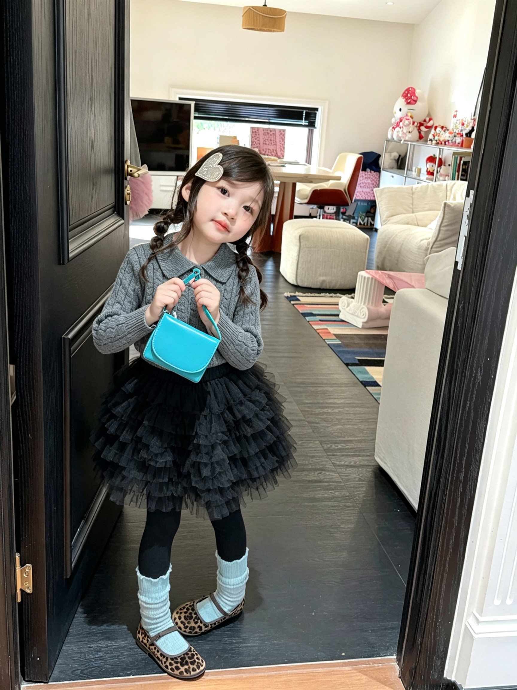 女童翻领针织毛衣纱裙套装秋装2026韩系儿童灰色麻花娃娃领针织衫