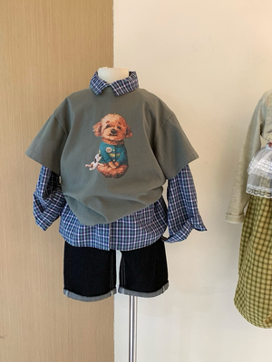 儿童衬衫套装春夏2026新男女童潦草小狗背心长袖poloT恤 格子上衣